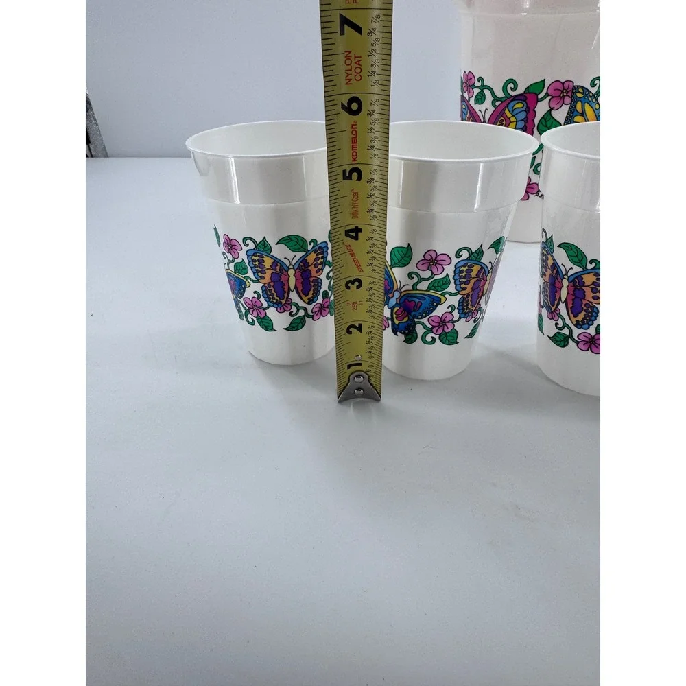 Vintage Butterfly Drink Pitcher Glasses Set White Yellow Floral Retro 5pc Picnic
